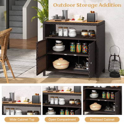 *Rattan Storage Cabinet with Acacia Wood Countertop for Poolside Deck and Patio - Brown