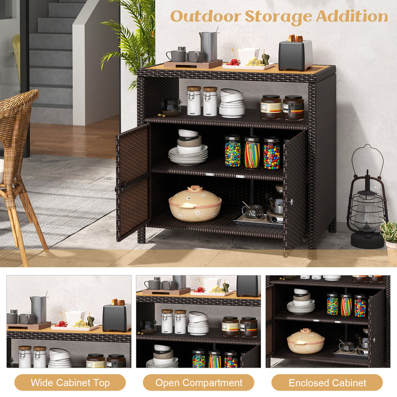 *Rattan Storage Cabinet with Acacia Wood Countertop for Poolside Deck and Patio - Brown