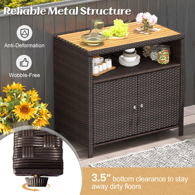 *Rattan Storage Cabinet with Acacia Wood Countertop for Poolside Deck and Patio - Brown