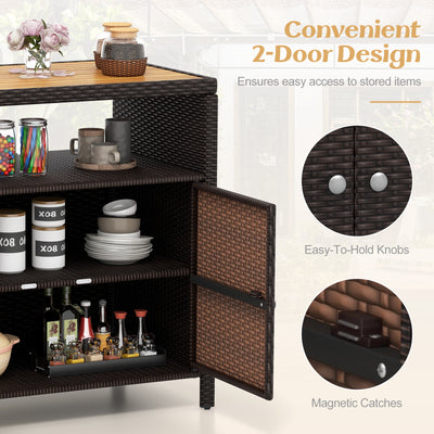 *Rattan Storage Cabinet with Acacia Wood Countertop for Poolside Deck and Patio - Brown