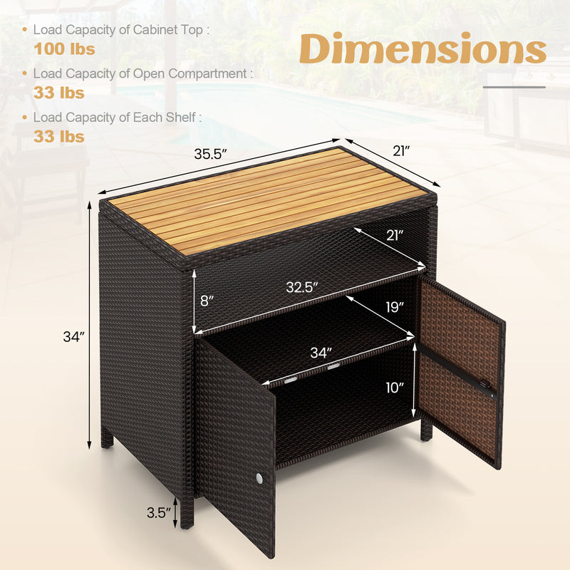 *Rattan Storage Cabinet with Acacia Wood Countertop for Poolside Deck and Patio - Brown