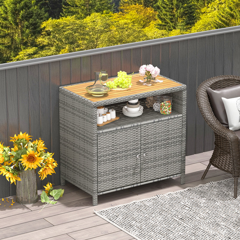 *Rattan Storage Cabinet with Acacia Wood Countertop for Poolside Deck and Patio - Gray