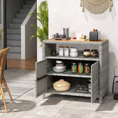 *Rattan Storage Cabinet with Acacia Wood Countertop for Poolside Deck and Patio - Gray