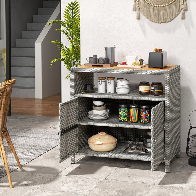 *Rattan Storage Cabinet with Acacia Wood Countertop for Poolside Deck and Patio - Gray