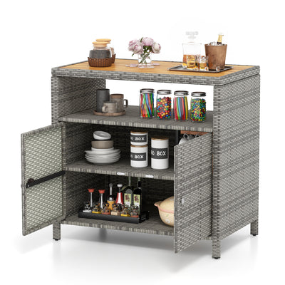 *Rattan Storage Cabinet with Acacia Wood Countertop for Poolside Deck and Patio - Gray