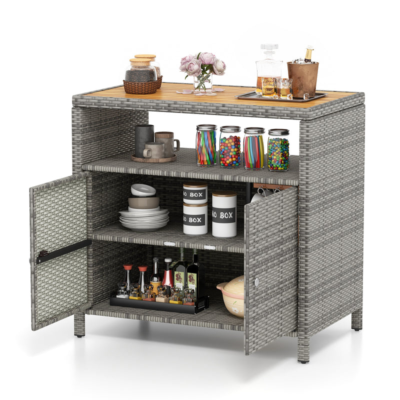 *Rattan Storage Cabinet with Acacia Wood Countertop for Poolside Deck and Patio - Gray
