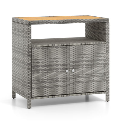 *Rattan Storage Cabinet with Acacia Wood Countertop for Poolside Deck and Patio - Gray