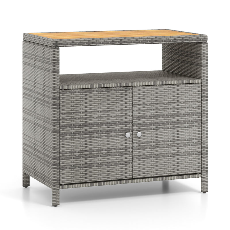 *Rattan Storage Cabinet with Acacia Wood Countertop for Poolside Deck and Patio - Gray