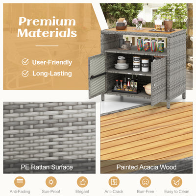 *Rattan Storage Cabinet with Acacia Wood Countertop for Poolside Deck and Patio - Gray