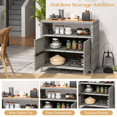 *Rattan Storage Cabinet with Acacia Wood Countertop for Poolside Deck and Patio - Gray