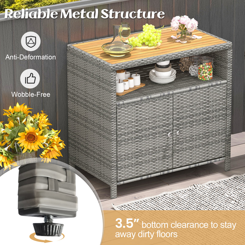 *Rattan Storage Cabinet with Acacia Wood Countertop for Poolside Deck and Patio - Gray