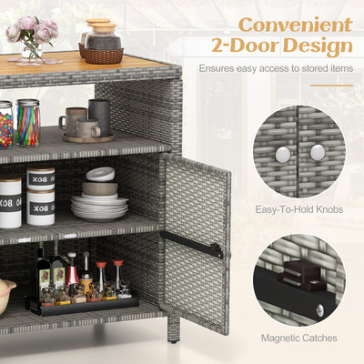 *Rattan Storage Cabinet with Acacia Wood Countertop for Poolside Deck and Patio - Gray