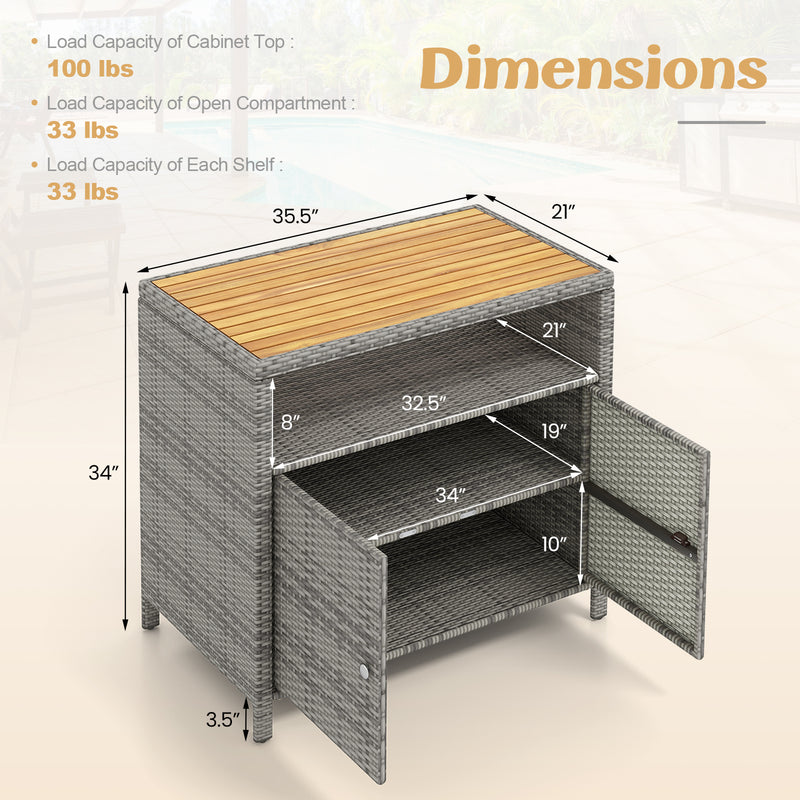 *Rattan Storage Cabinet with Acacia Wood Countertop for Poolside Deck and Patio - Gray