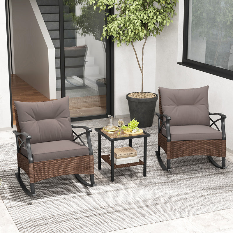 *3 Pieces Outdoor Rattan Rocking Chairs Set with  2-Tier Side Table for Garden Backyard - Brown