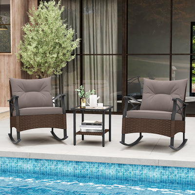 *3 Pieces Outdoor Rattan Rocking Chairs Set with  2-Tier Side Table for Garden Backyard - Brown