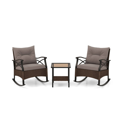 *3 Pieces Outdoor Rattan Rocking Chairs Set with  2-Tier Side Table for Garden Backyard - Brown