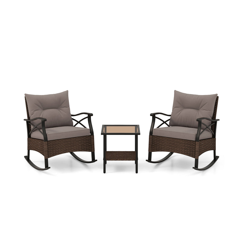*3 Pieces Outdoor Rattan Rocking Chairs Set with  2-Tier Side Table for Garden Backyard - Brown