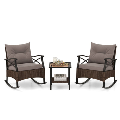 *3 Pieces Outdoor Rattan Rocking Chairs Set with  2-Tier Side Table for Garden Backyard - Brown