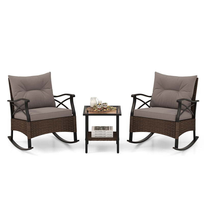 *3 Pieces Outdoor Rattan Rocking Chairs Set with  2-Tier Side Table for Garden Backyard - Brown