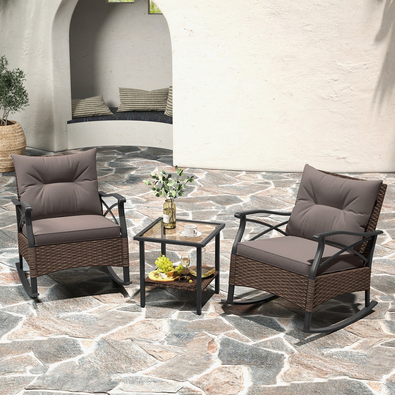 *3 Pieces Outdoor Rattan Rocking Chairs Set with  2-Tier Side Table for Garden Backyard - Brown