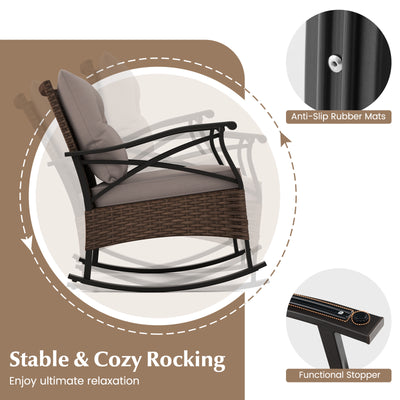 *3 Pieces Outdoor Rattan Rocking Chairs Set with  2-Tier Side Table for Garden Backyard - Brown