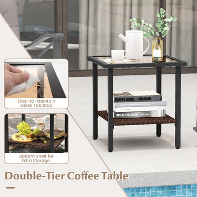 *3 Pieces Outdoor Rattan Rocking Chairs Set with  2-Tier Side Table for Garden Backyard - Brown
