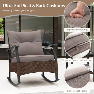 *3 Pieces Outdoor Rattan Rocking Chairs Set with  2-Tier Side Table for Garden Backyard - Brown