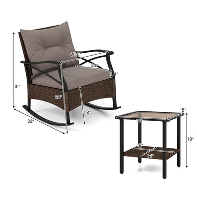 *3 Pieces Outdoor Rattan Rocking Chairs Set with  2-Tier Side Table for Garden Backyard - Brown