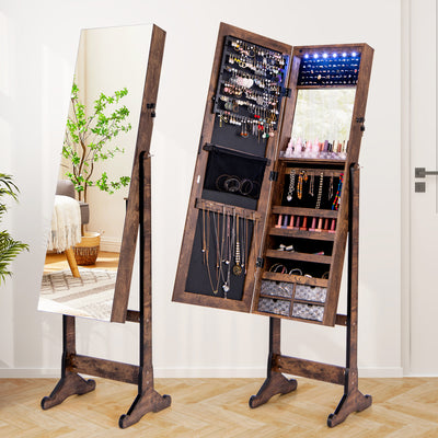 Free Standing Full Length Jewelry Armoire with Lights-Rustic Brown