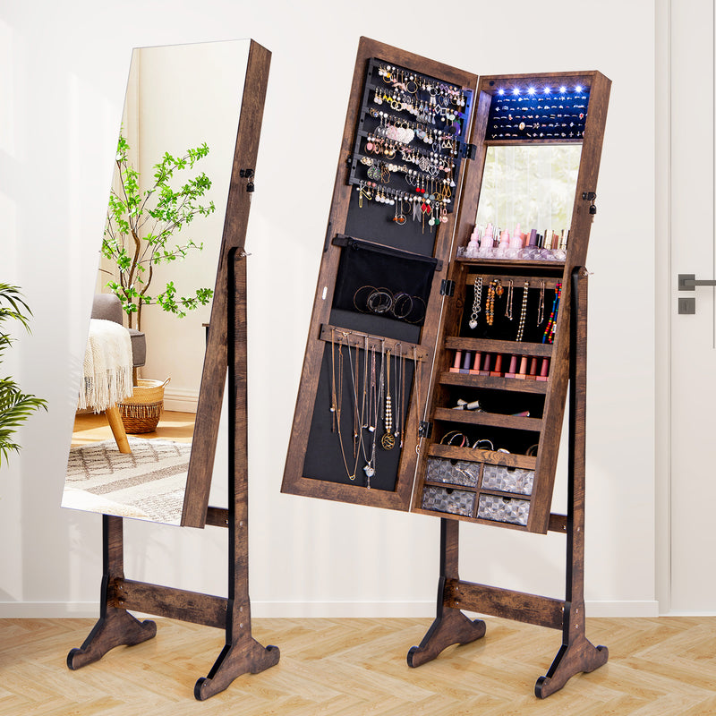 Free Standing Full Length Jewelry Armoire with Lights-Rustic Brown