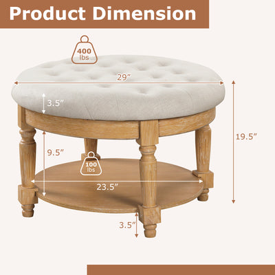 29 Inch Large Round Ottoman Coffee Table 2-Tier Upholstered Tufted Footrest Ottoman with Flip-up Top-Beige