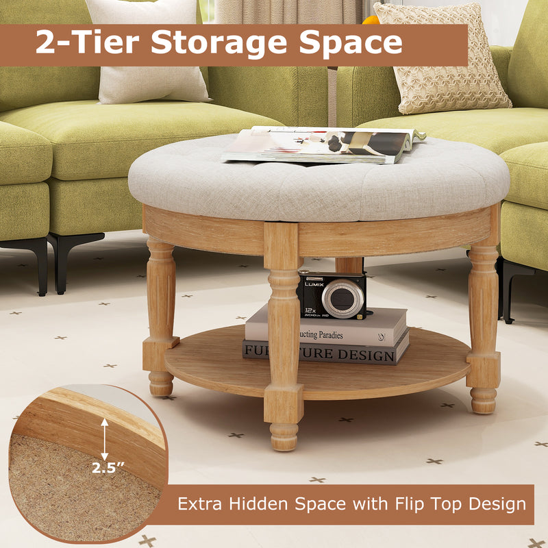 29 Inch Large Round Ottoman Coffee Table 2-Tier Upholstered Tufted Footrest Ottoman with Flip-up Top-Beige