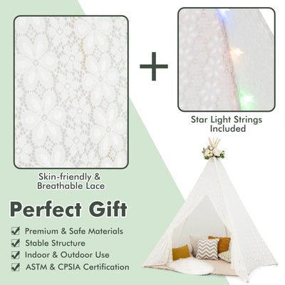 Lace Teepee Tent with Colorful Light Strings for Children