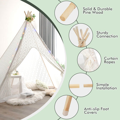 Lace Teepee Tent with Colorful Light Strings for Children