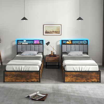 Twin/Full/Queen Bed Frame with LED Lights  Upholstered Headboard and 4 Storage Drawers-Twin size