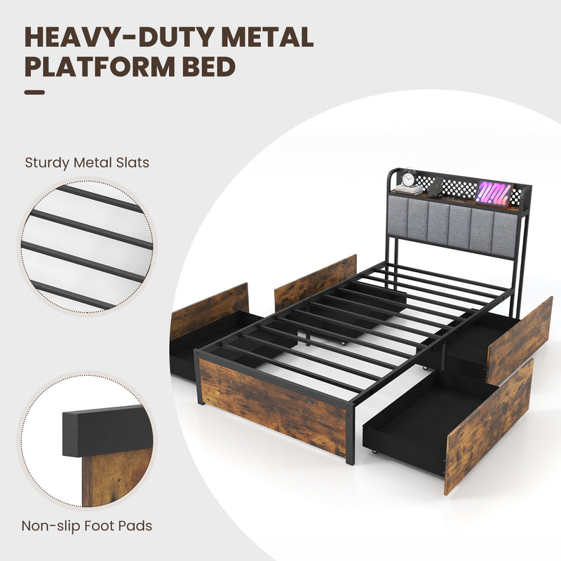 Twin/Full/Queen Bed Frame with LED Lights  Upholstered Headboard and 4 Storage Drawers-Twin size