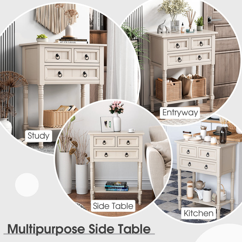 Narrow Console Table with 3 Storage Drawers and Open Bottom Shelf-Beige
