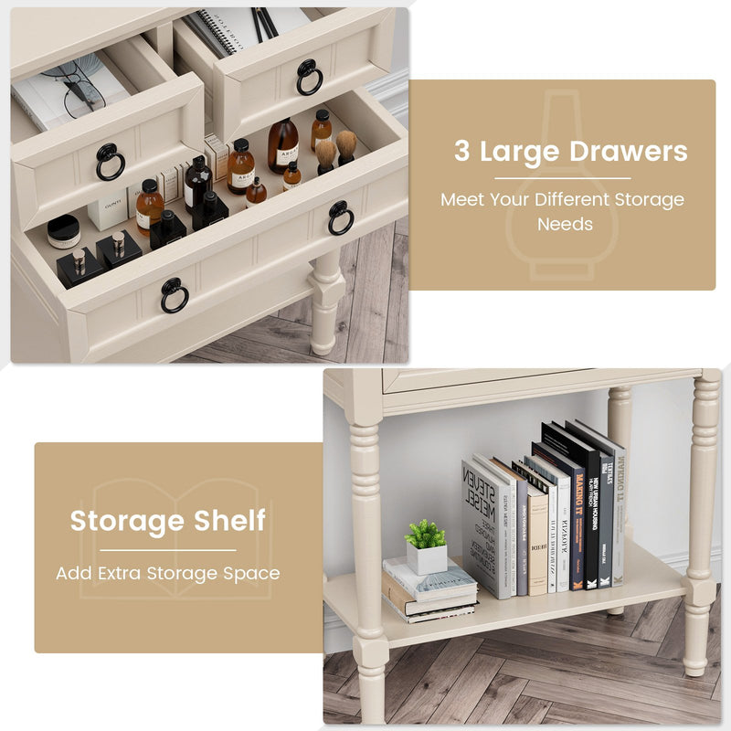 Narrow Console Table with 3 Storage Drawers and Open Bottom Shelf-Beige