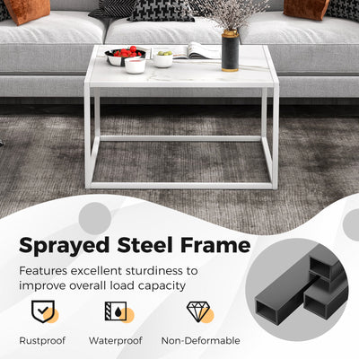 Modern Glass Square Coffee Table with Metal Frame for Living Room-White