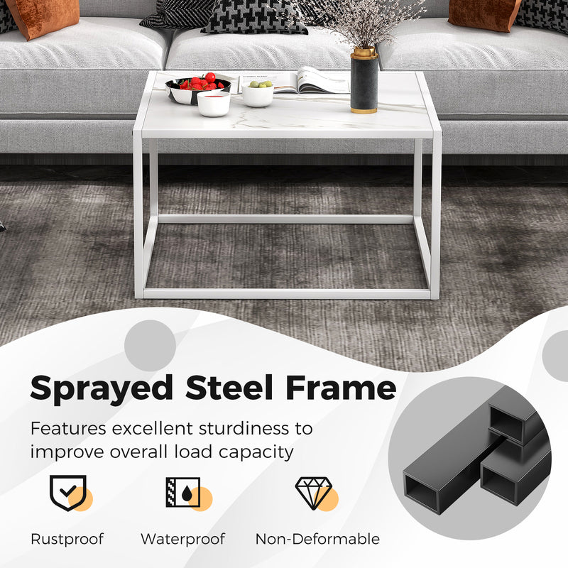 Modern Glass Square Coffee Table with Metal Frame for Living Room-White