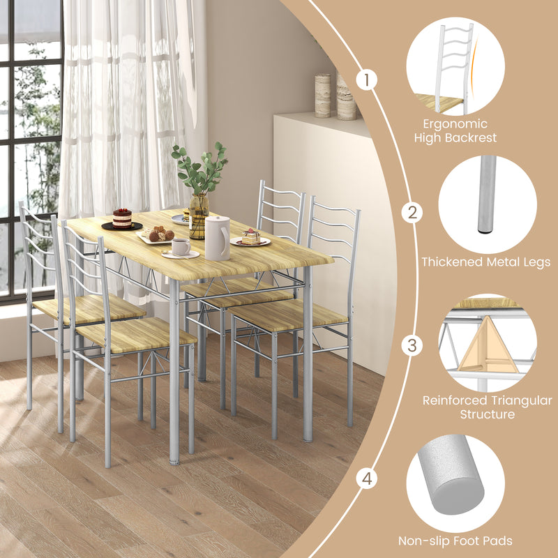 5 Pieces Wood Metal Dining Table Set with 4 Chairs-Walnut