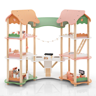 3-Tier Wooden Dollhouse for Kids Aged 3-8 Years Old with 32 Pieces of Accessories-Multicolor