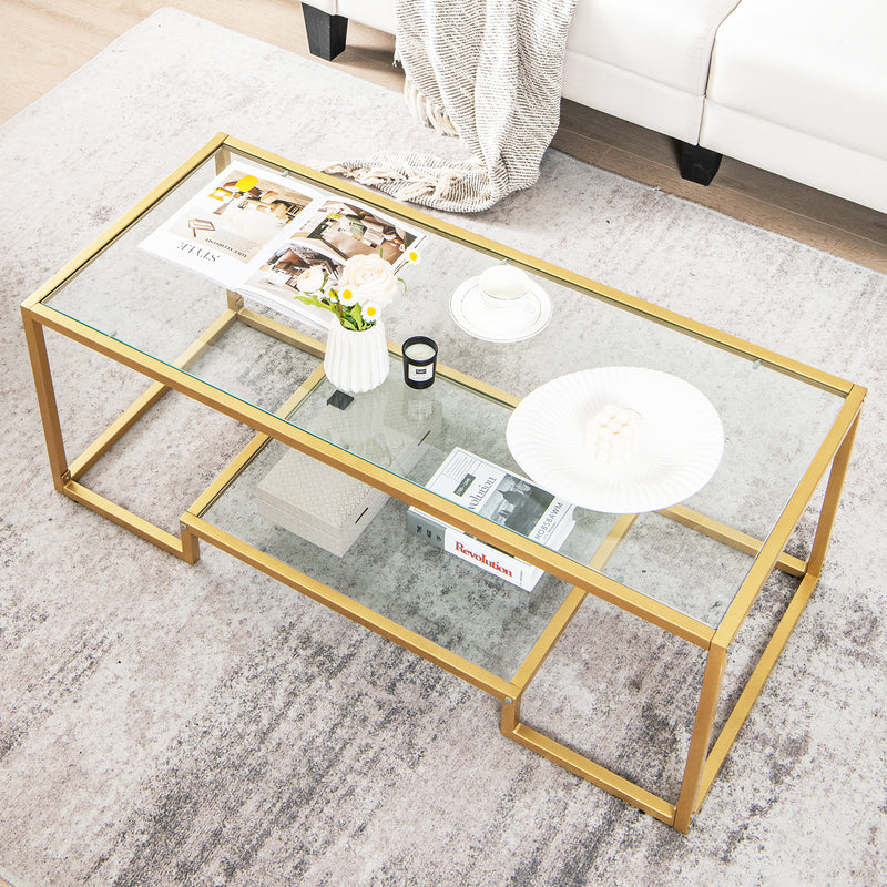 Modern 2-Tier Rectangular Coffee Table with Glass Table Top-Golden