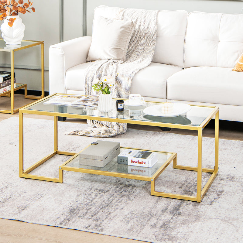 Modern 2-Tier Rectangular Coffee Table with Glass Table Top-Golden