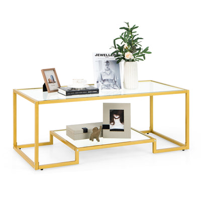 Modern 2-Tier Rectangular Coffee Table with Glass Table Top-Golden