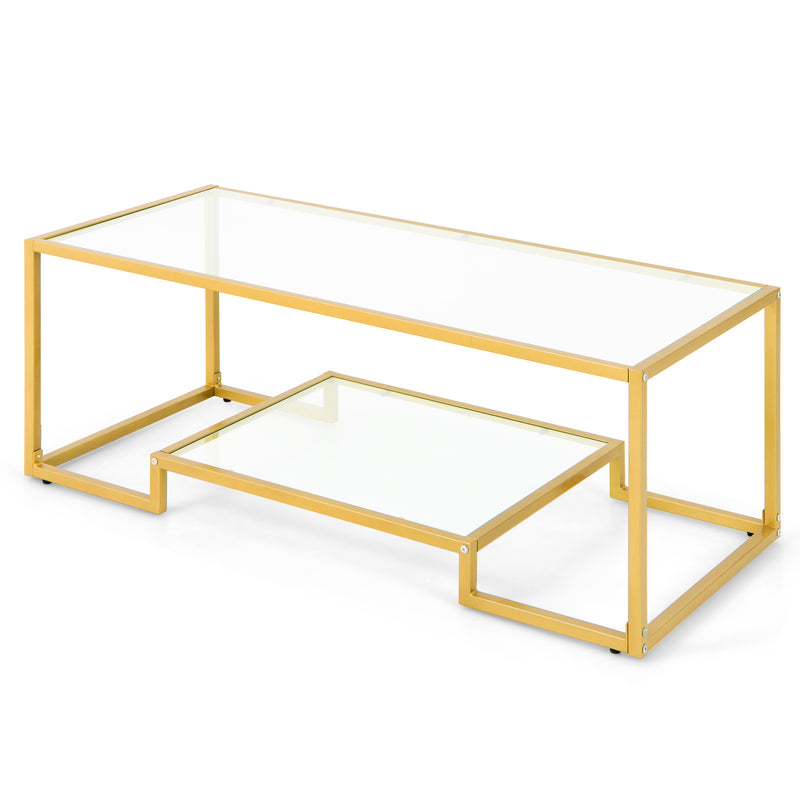 Modern 2-Tier Rectangular Coffee Table with Glass Table Top-Golden