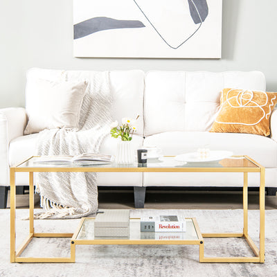 Modern 2-Tier Rectangular Coffee Table with Glass Table Top-Golden