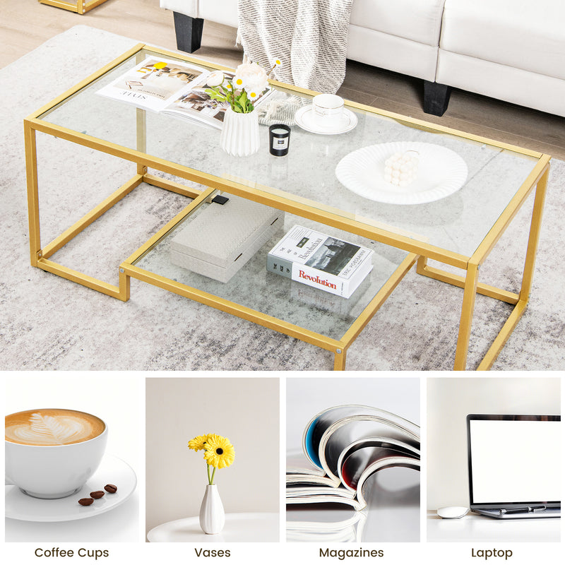Modern 2-Tier Rectangular Coffee Table with Glass Table Top-Golden