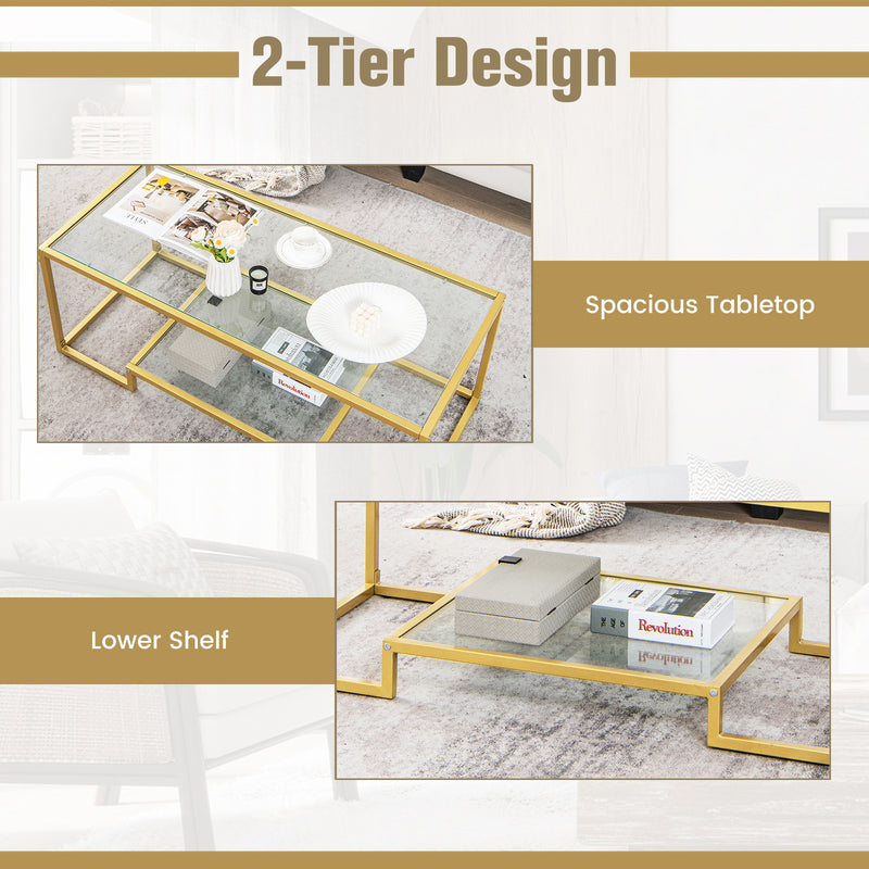 Modern 2-Tier Rectangular Coffee Table with Glass Table Top-Golden
