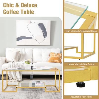 Modern 2-Tier Rectangular Coffee Table with Glass Table Top-Golden